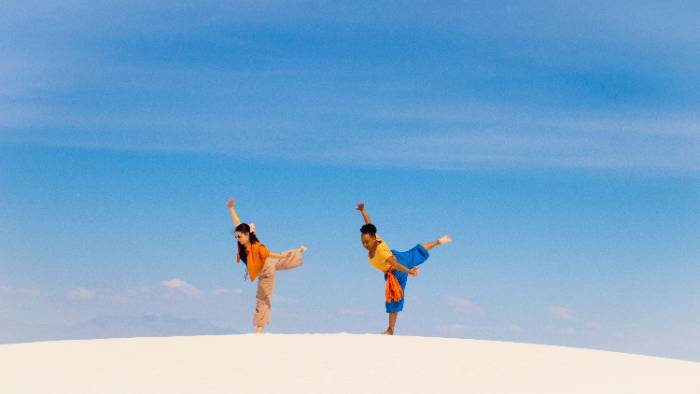 Spring 2023 DCUR Eagle SPUR Grant recipient Grace Dugas and fellow dancer Tatiana Johnson working on Grace’s dance film “And So, My Heart Became a Void” in White Sands National Park, NM. Grace’s faculty mentor is Professor Lauren Soutullo.